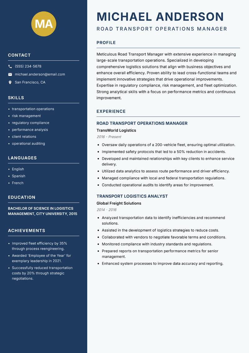 Road Transport Manager Resume Preview Example