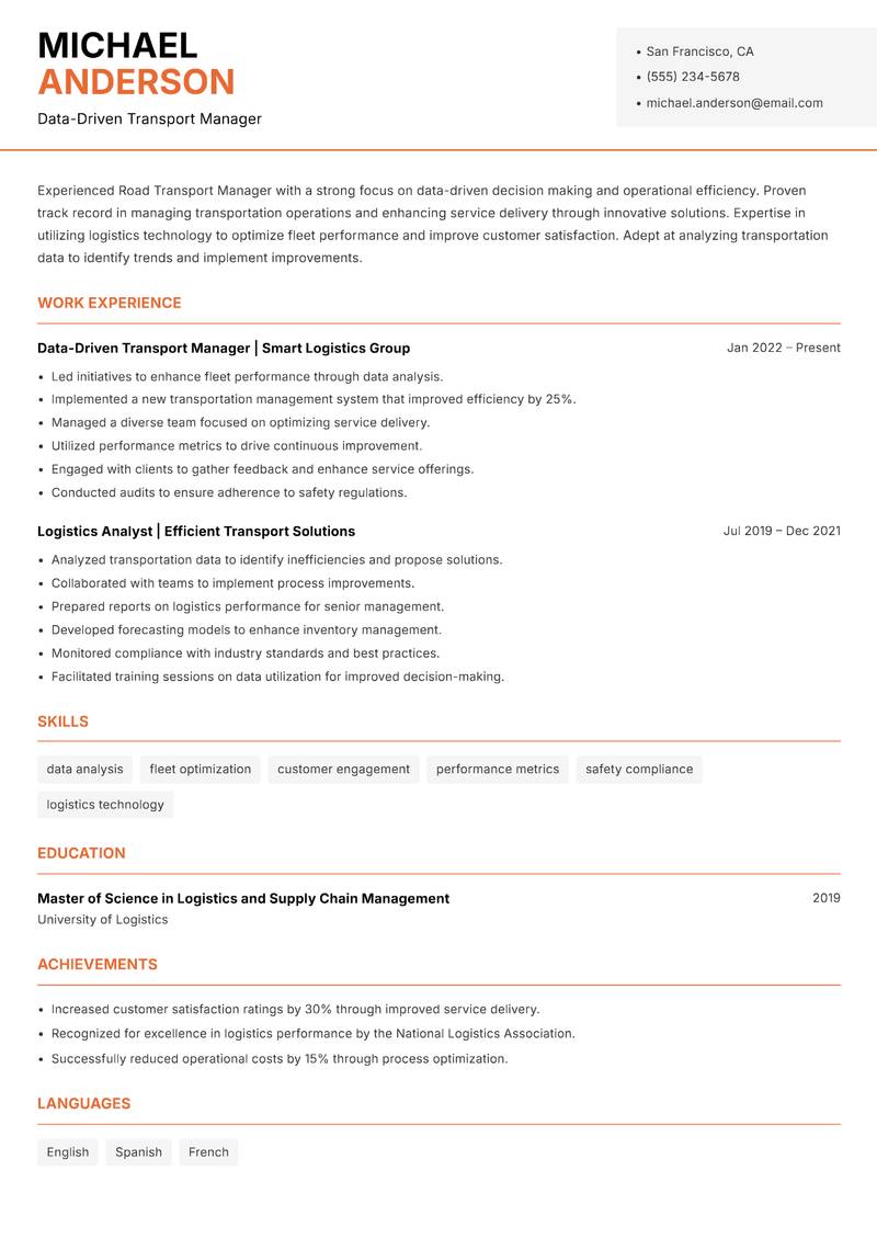 Road Transport Manager Resume Template