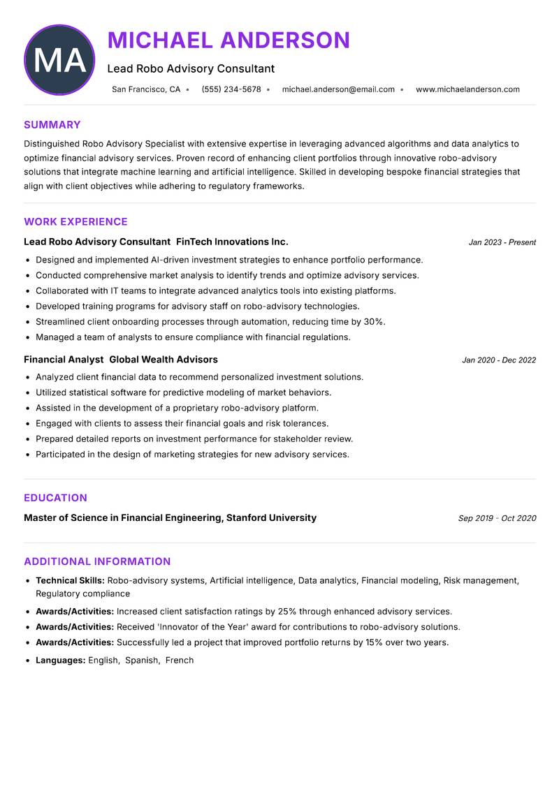 Robo Advisory Specialist Resume Preview Example