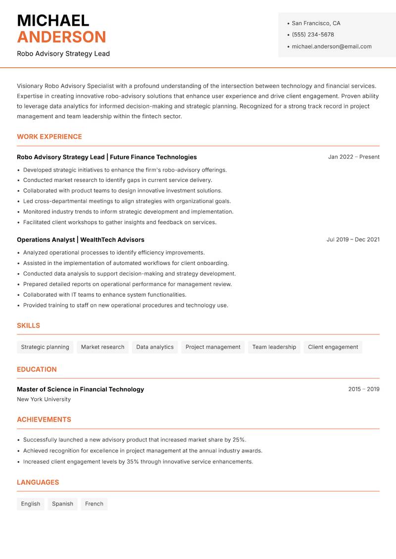 Robo Advisory Specialist Resume Template