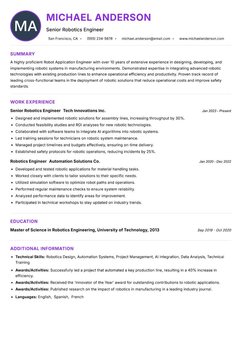 Robot Application Engineer Resume Preview Example