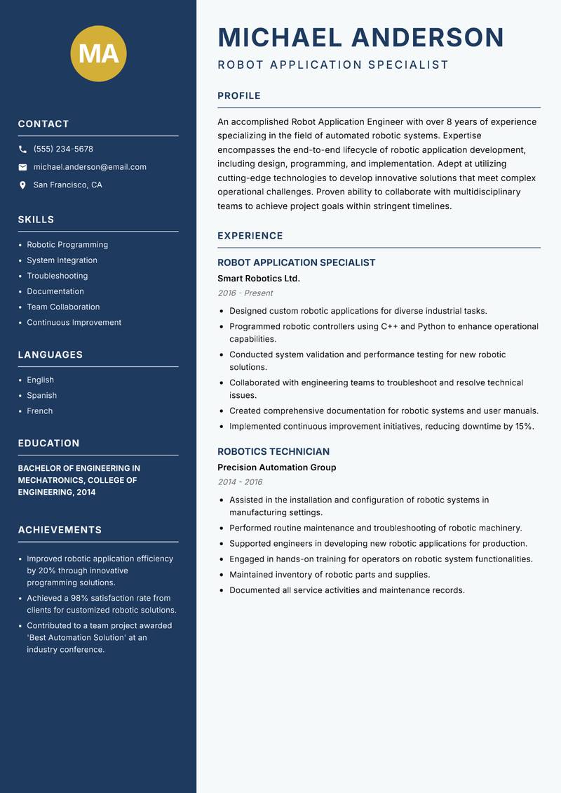 Robot Application Engineer Resume Preview Example
