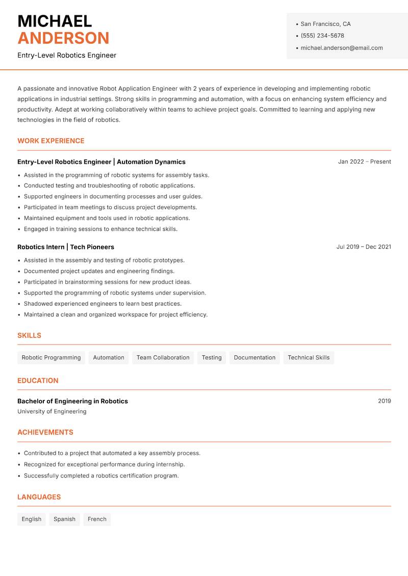 Robot Application Engineer Resume Template