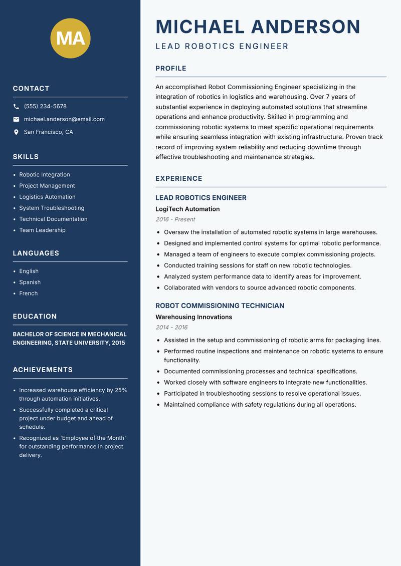 Robot Commissioning Engineer Resume Preview Example