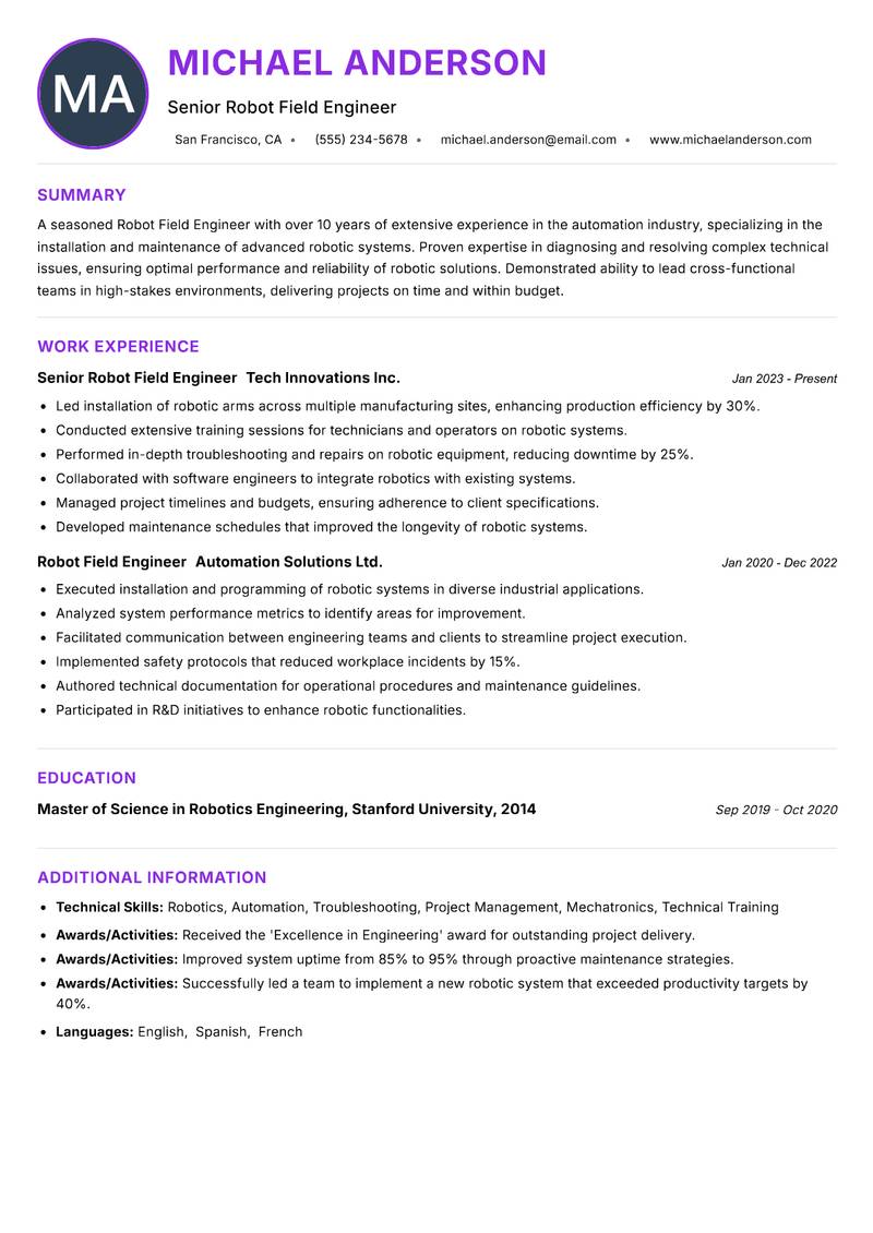 Robot Field Engineer Resume Preview Example