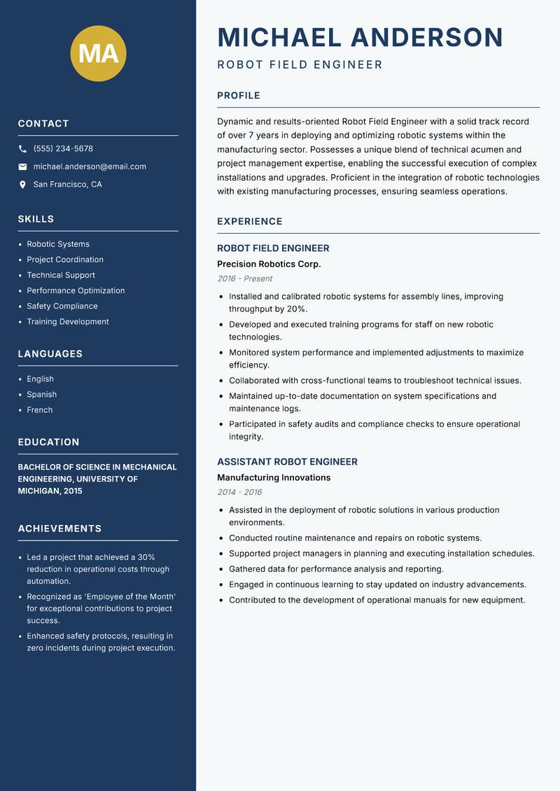 Robot Field Engineer Resume Preview Example