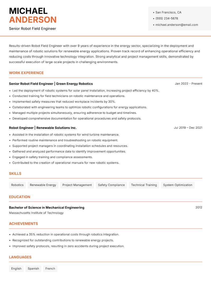 Robot Field Engineer Resume Template