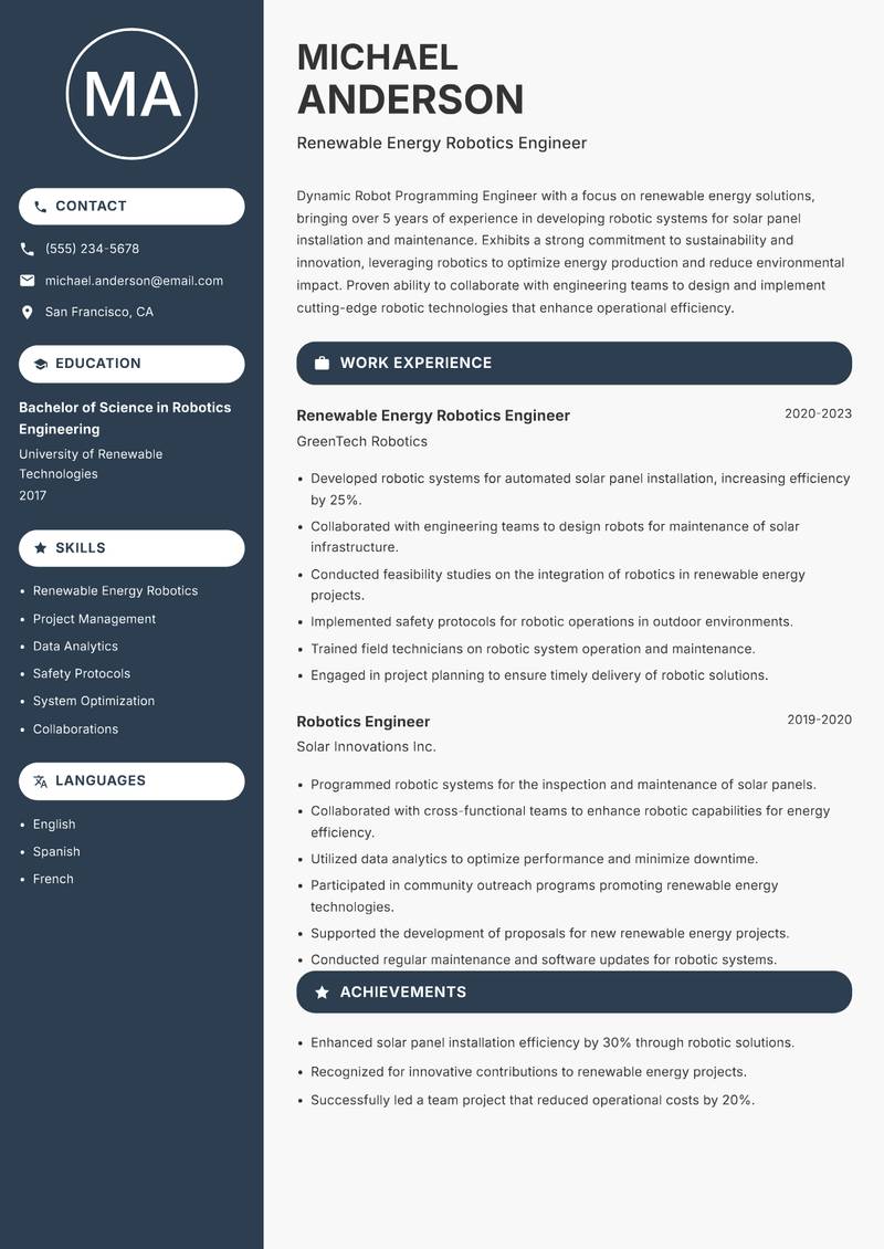Robot Programming Engineer Resume Preview Example