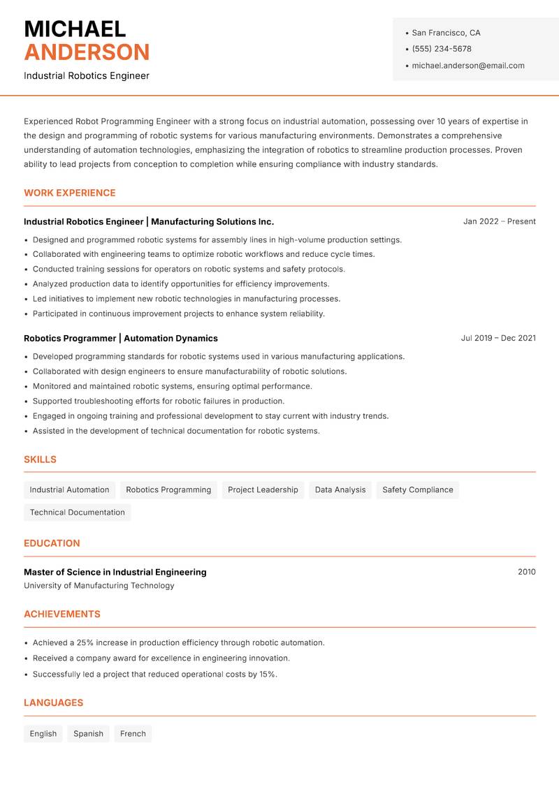 Robot Programming Engineer Resume Template