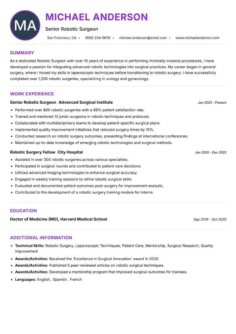 Robotic Surgeon Resume Preview Example