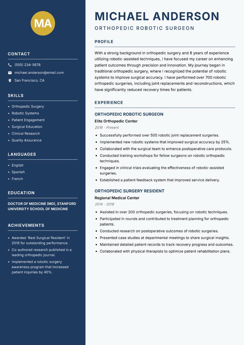 Robotic Surgeon Resume Preview Example