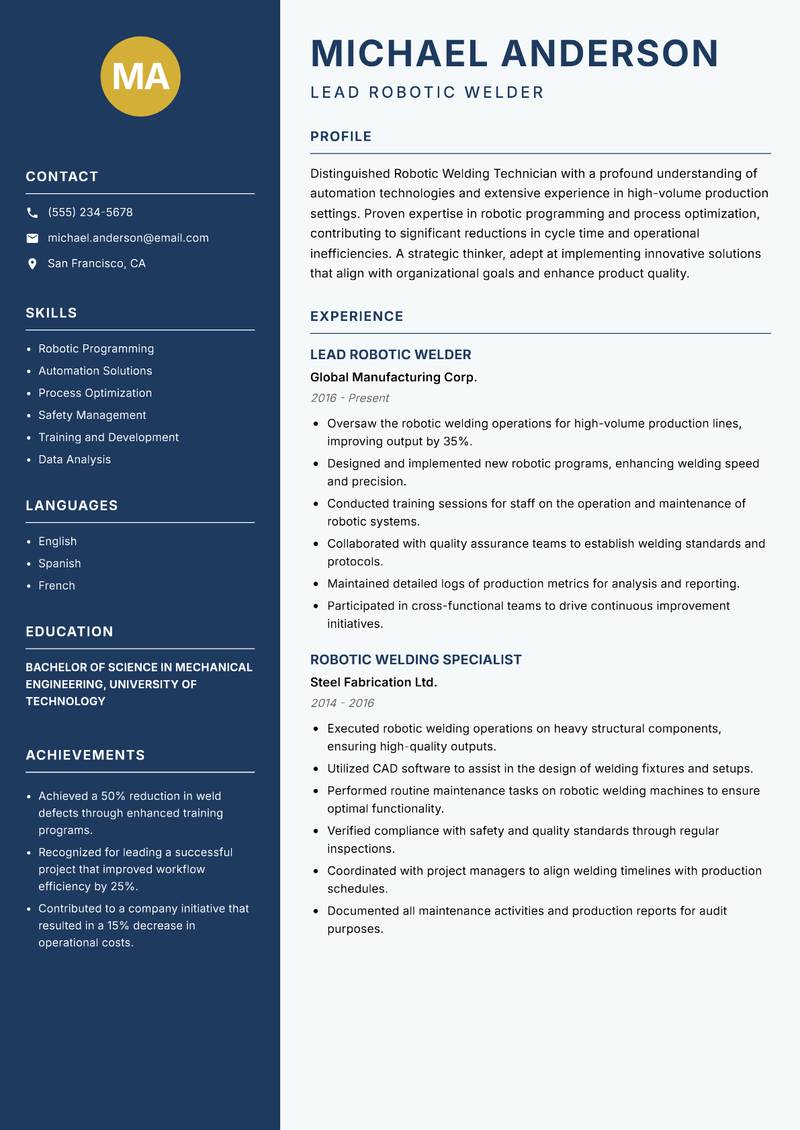 Robotic Welding Technician Resume Preview Example