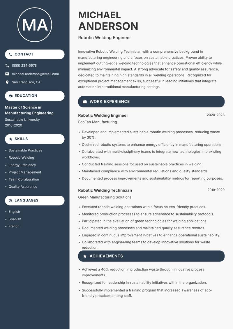 Robotic Welding Technician Resume Preview Example