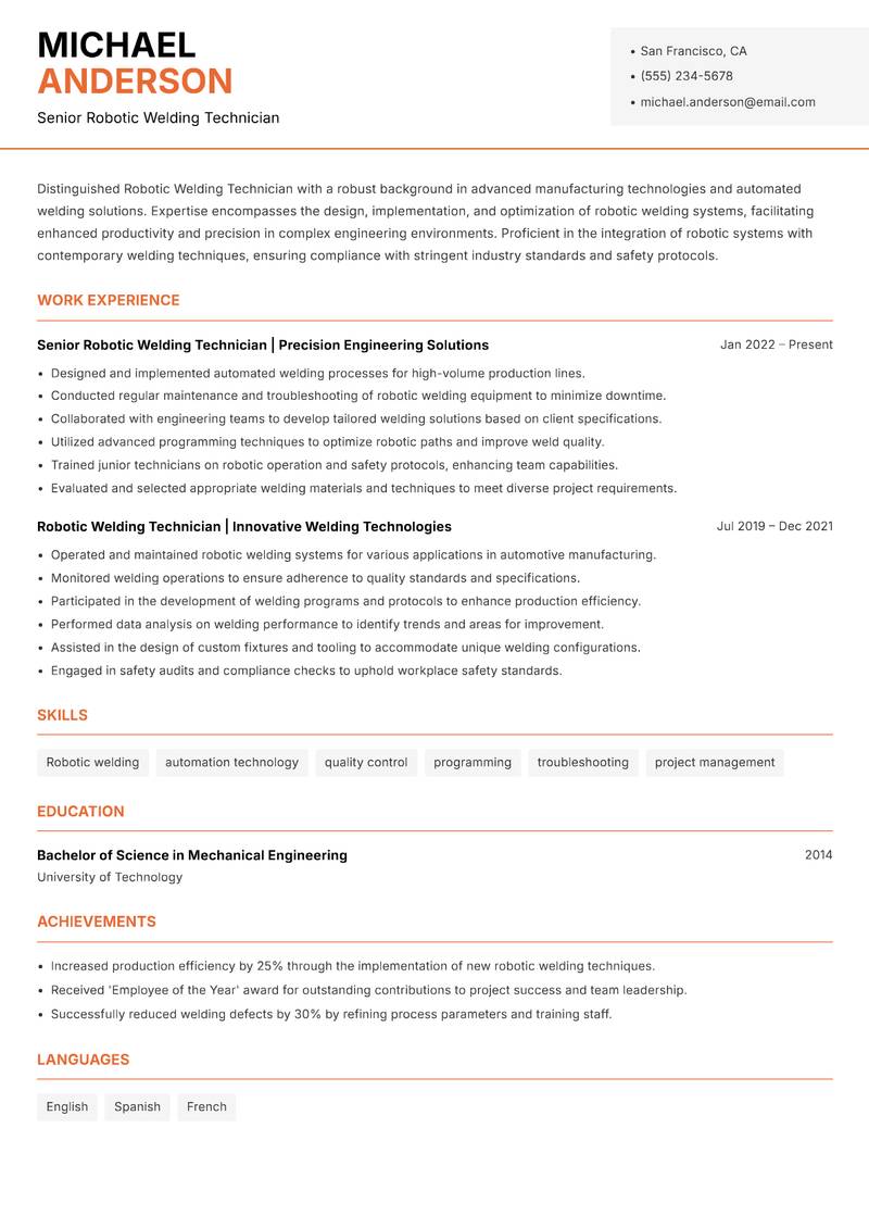 Robotic Welding Technician Resume Template