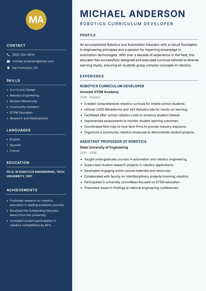 Robotics and Automation Educator Resume Preview Example