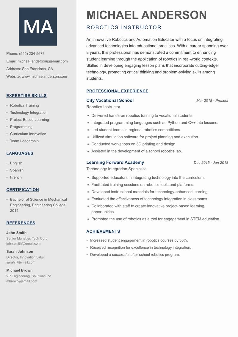 Robotics and Automation Educator Resume Preview Example