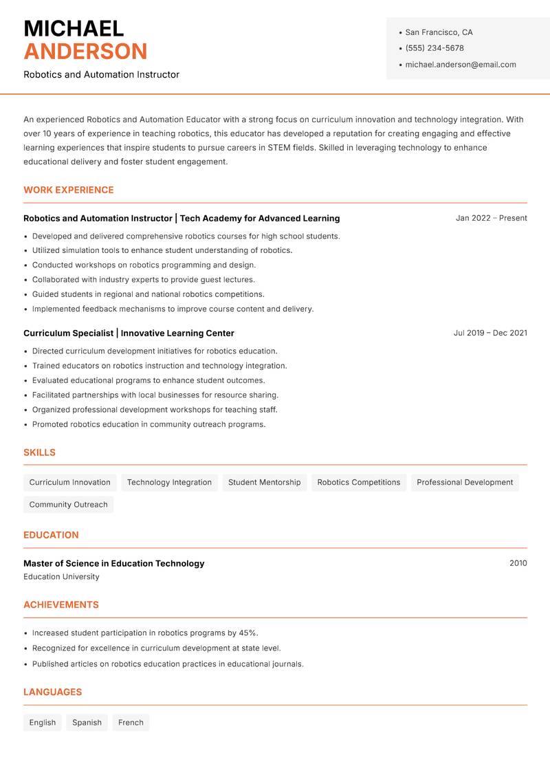 Robotics and Automation Educator Resume Template