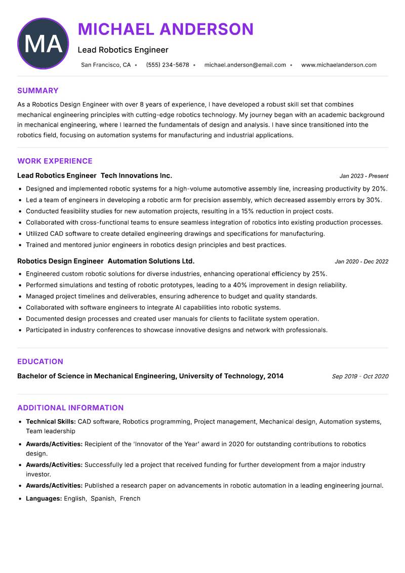Robotics Design Engineer Resume Preview Example