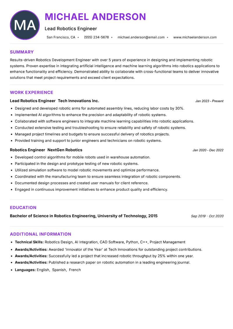 Robotics Development Engineer Resume Preview Example