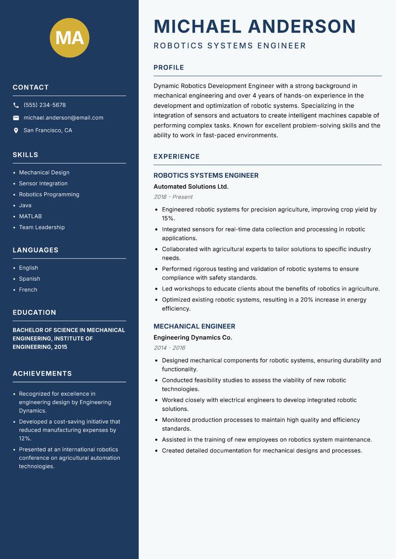 Robotics Development Engineer Resume Preview Example