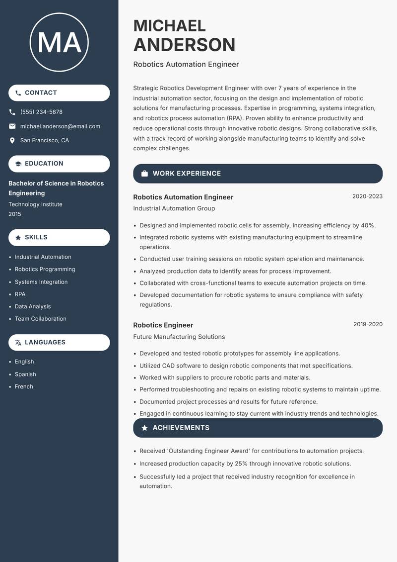 Robotics Development Engineer Resume Preview Example