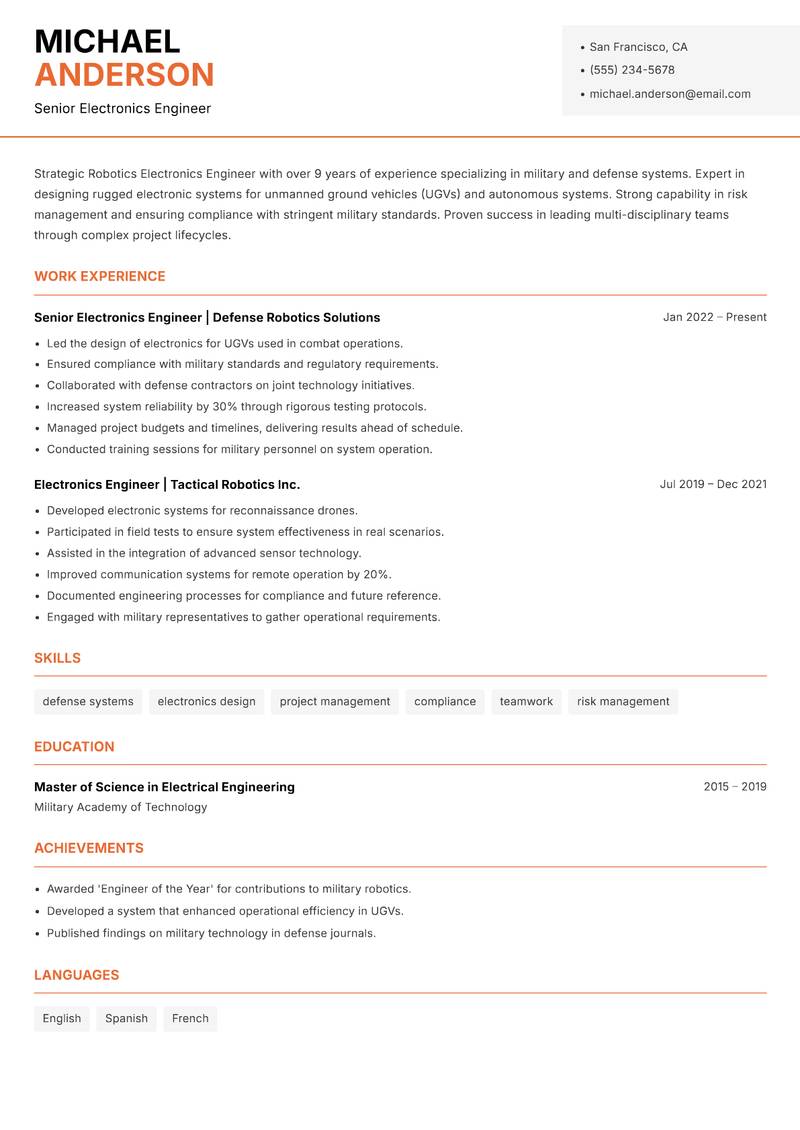 Robotics Electronics Engineer Resume Template