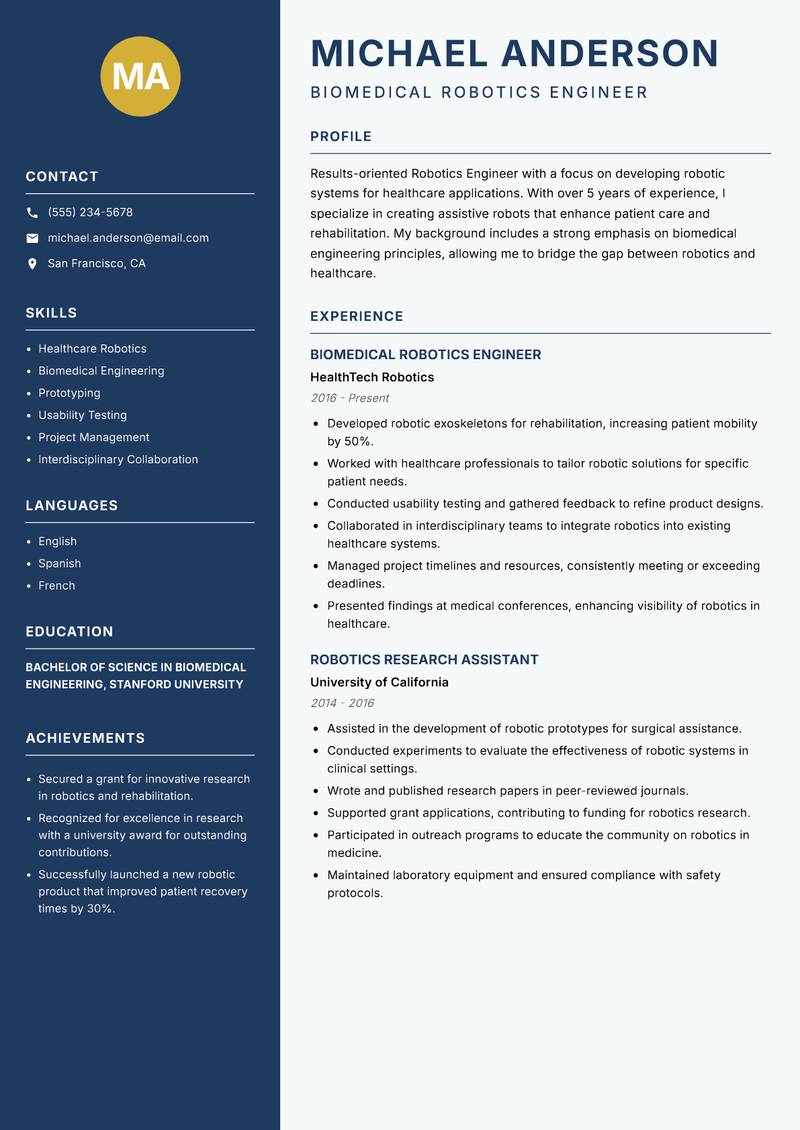 Robotics Engineer Resume Preview Example