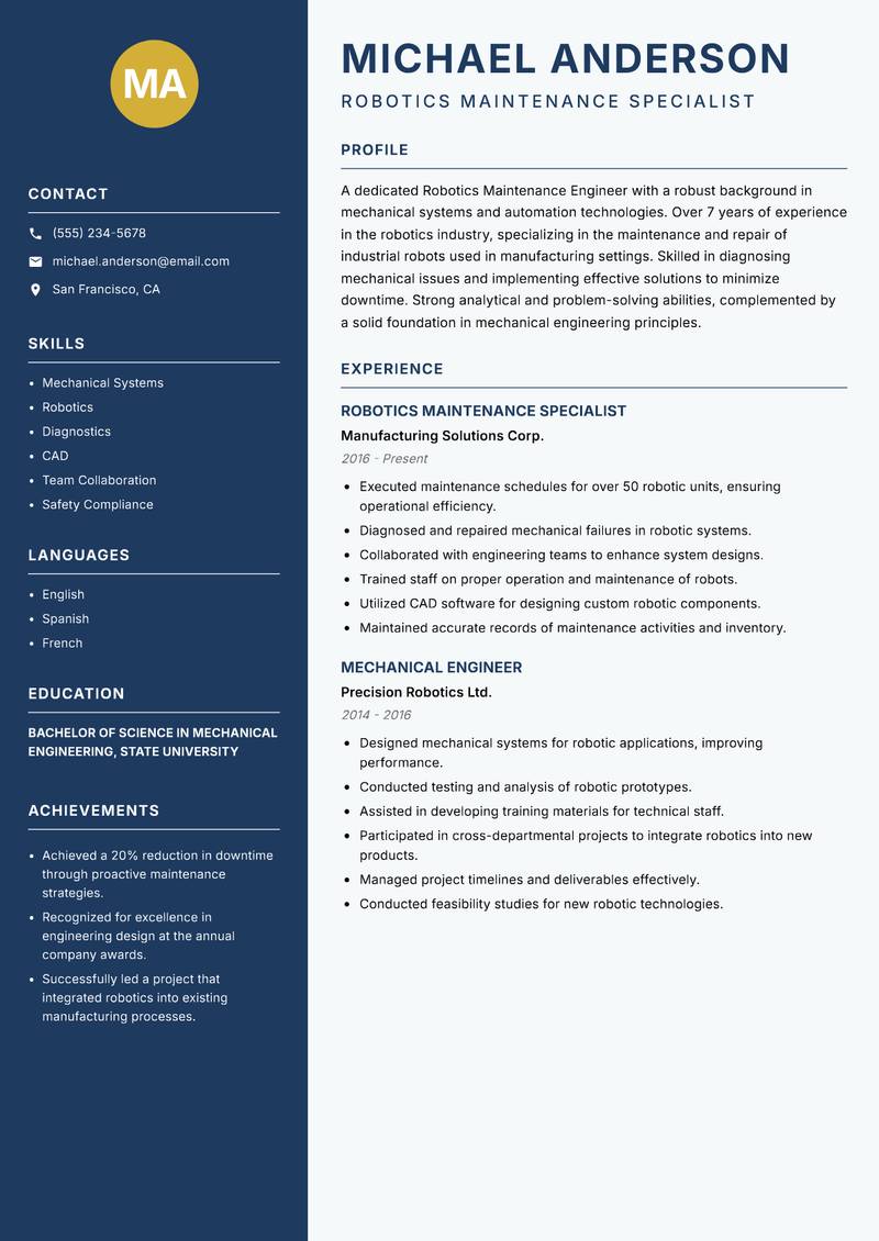 Robotics Maintenance Engineer Resume Preview Example