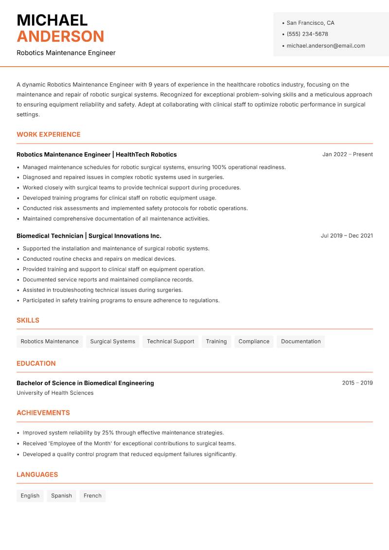 Robotics Maintenance Engineer Resume Template