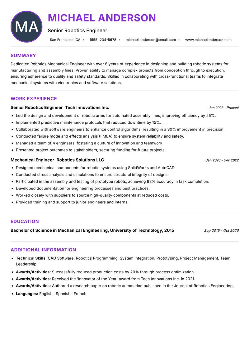Robotics Mechanical Engineer Resume Preview Example