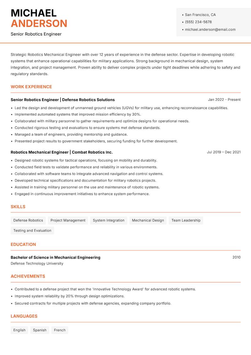 Robotics Mechanical Engineer Resume Template