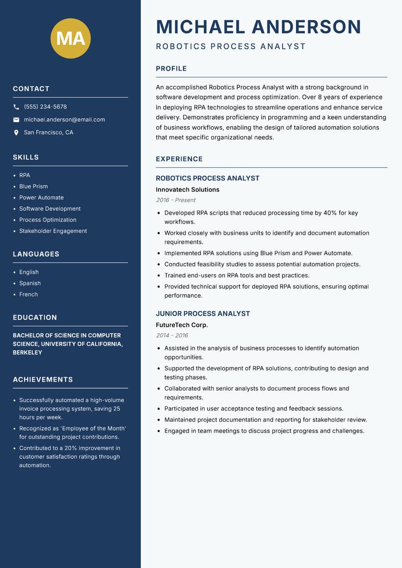 Robotics Process Analyst Resume Preview Example