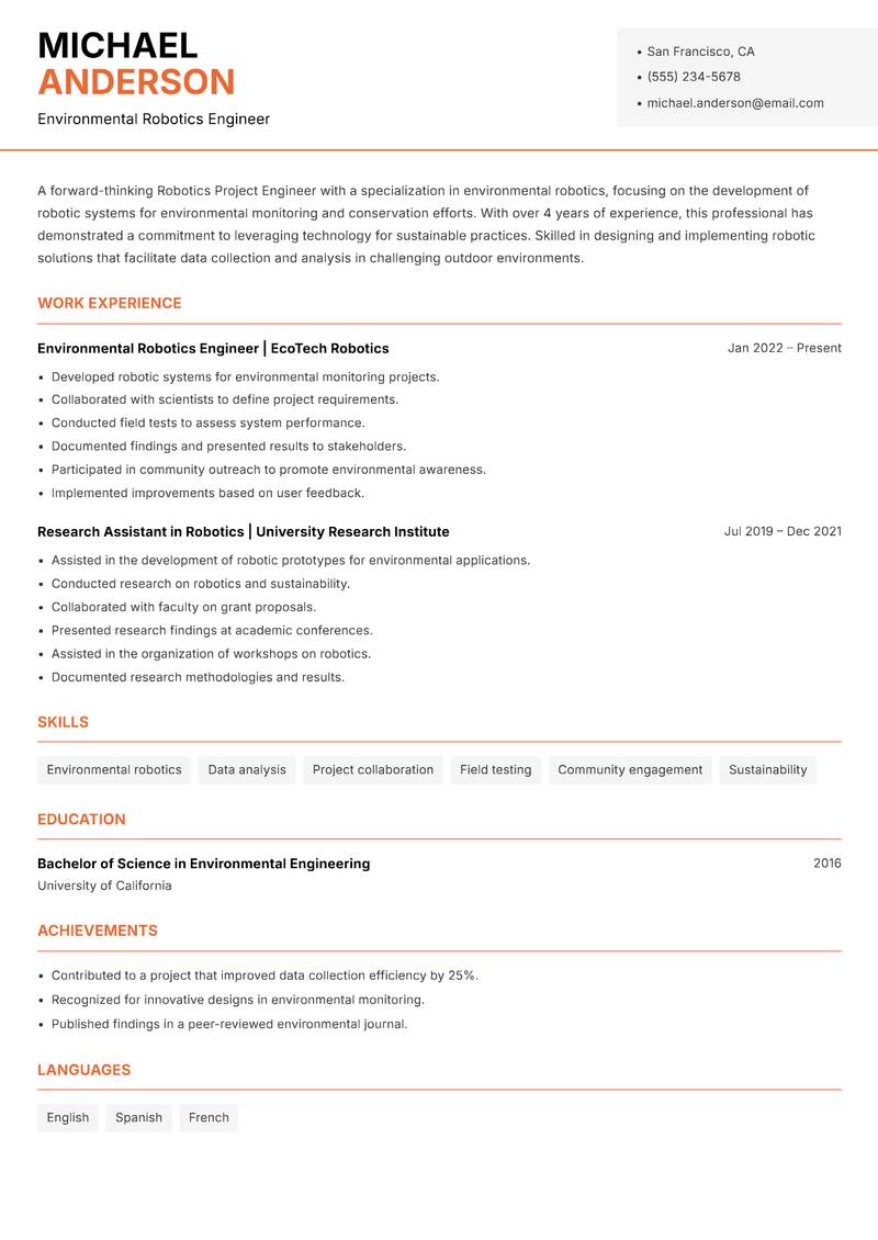 Robotics Project Engineer Resume Template