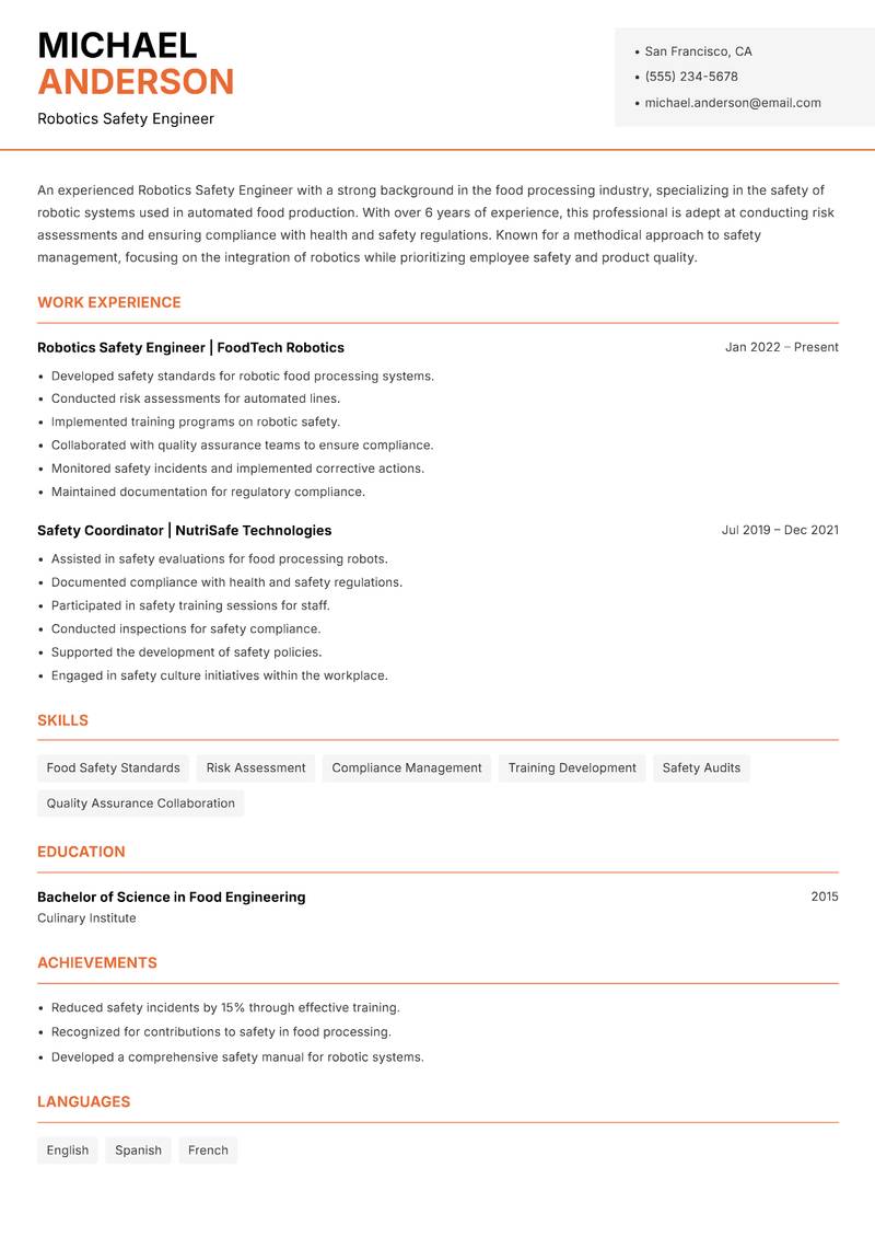 Robotics Safety Engineer Resume Template