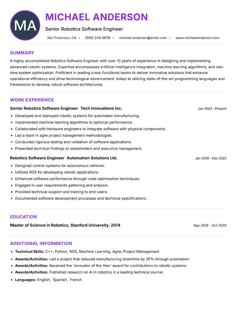 Robotics Software Engineer Resume Preview Example