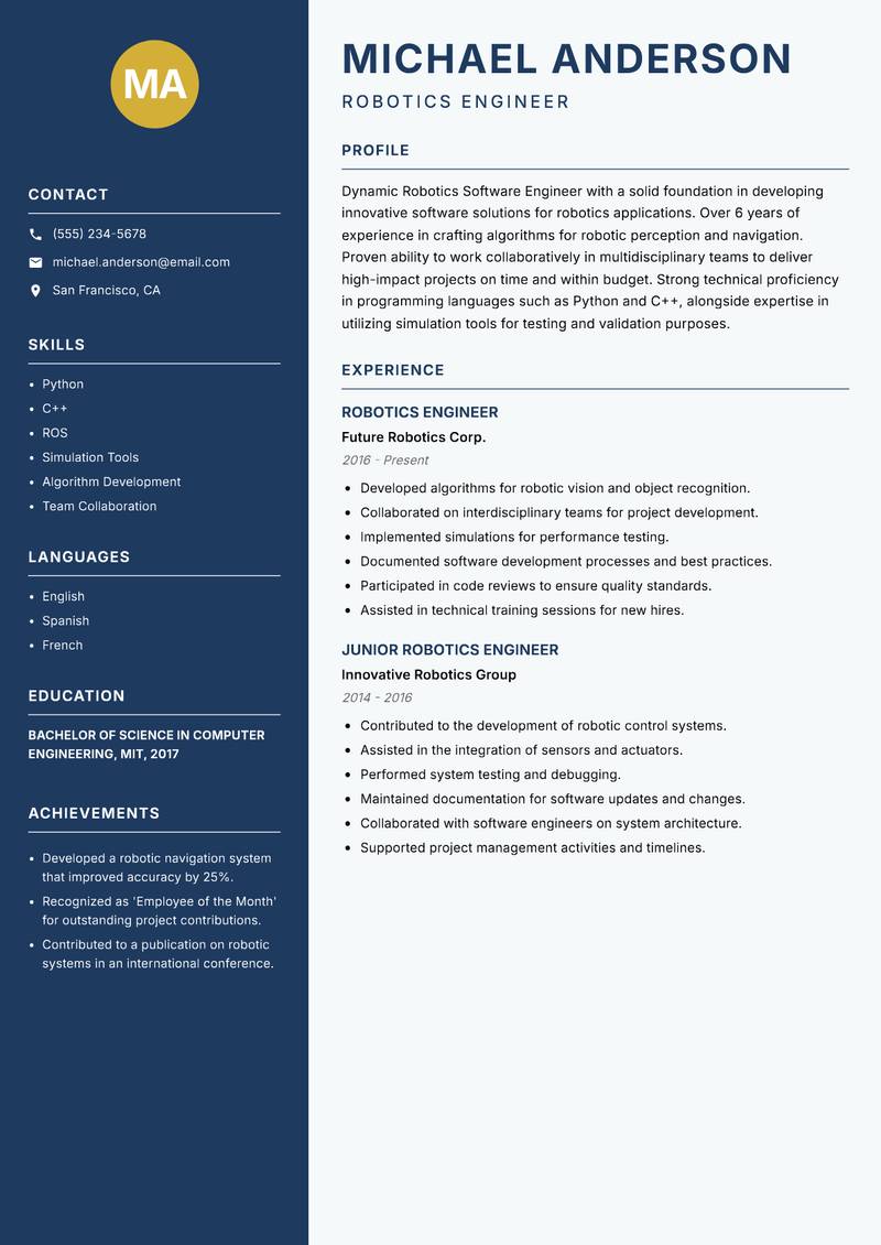 Robotics Software Engineer Resume Preview Example