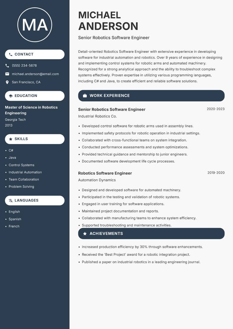 Robotics Software Engineer Resume Preview Example