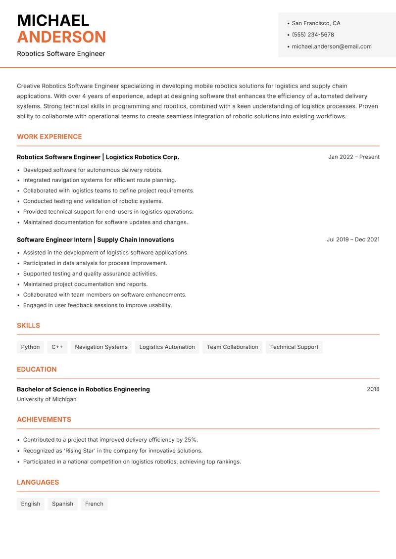 Robotics Software Engineer Resume Template