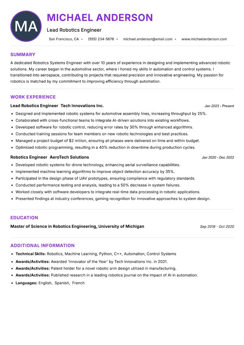 Robotics Systems Engineer Resume Preview Example