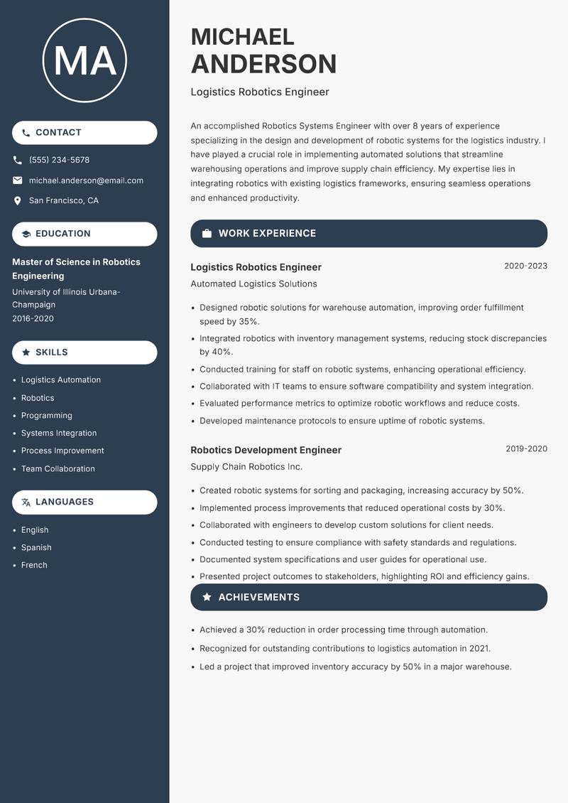 Robotics Systems Engineer Resume Preview Example