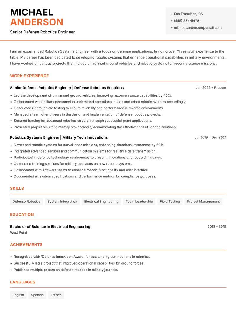 Robotics Systems Engineer Resume Template