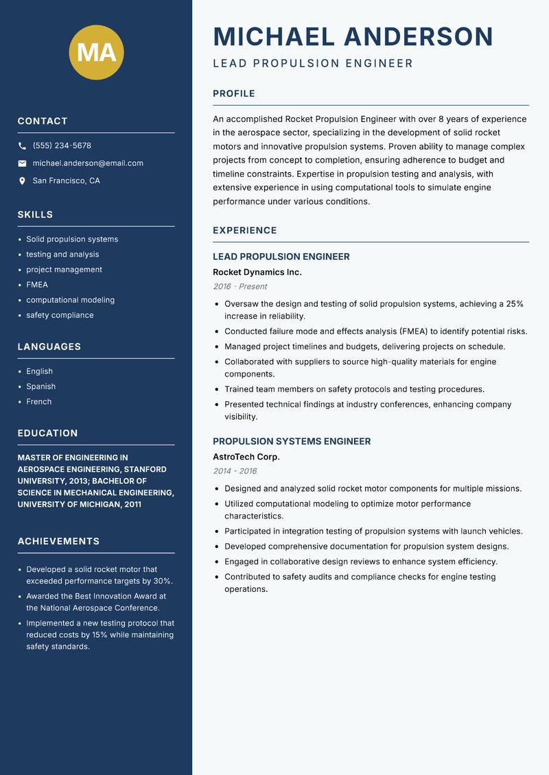Rocket Propulsion Engineer Resume Preview Example