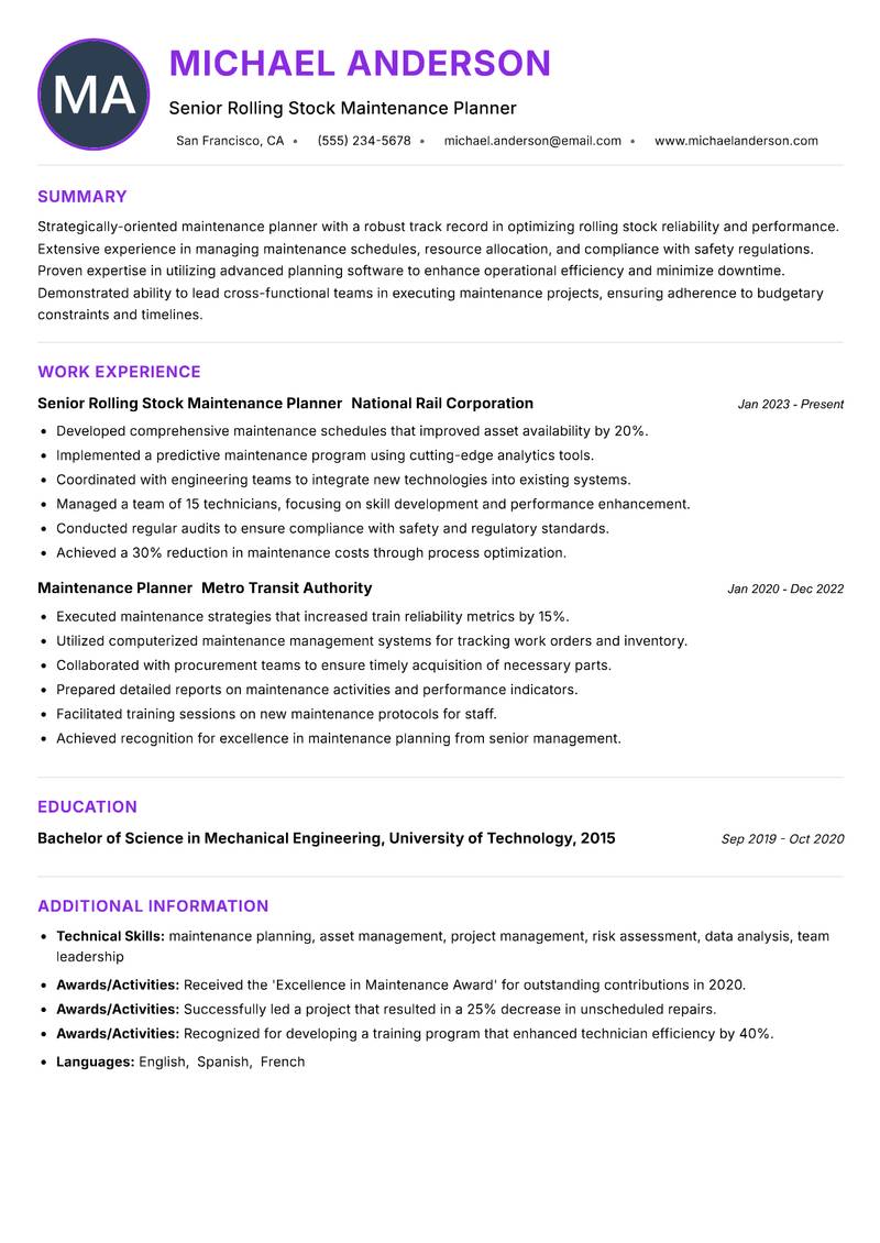 Rolling Stock Maintenance Planner Resume Preview Example