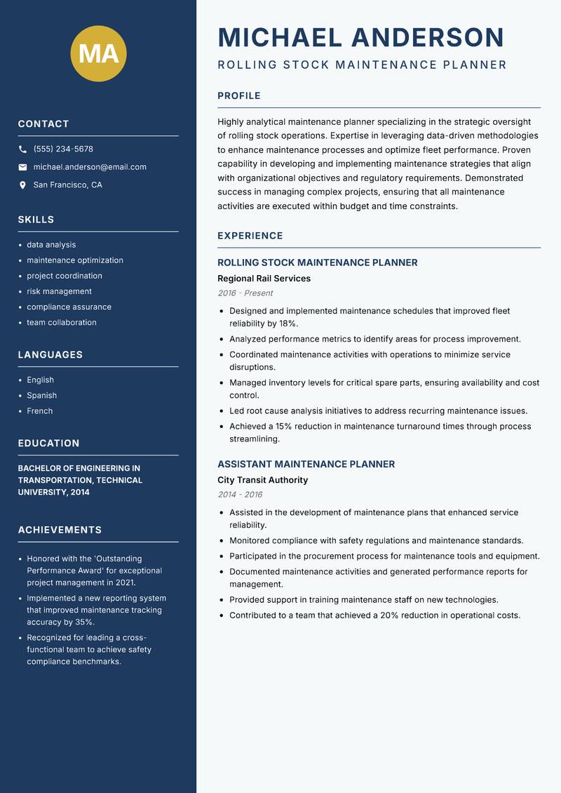 Rolling Stock Maintenance Planner Resume Preview Example