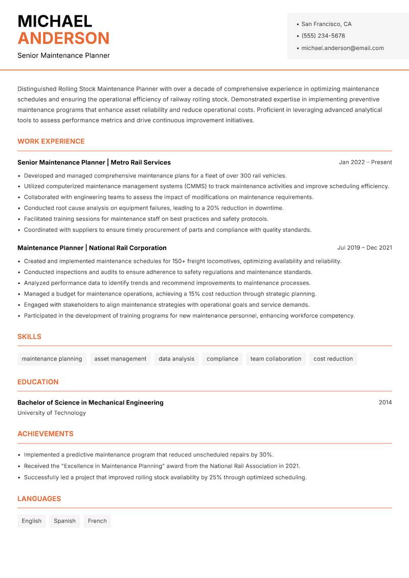 Rolling Stock Maintenance Planner Resume Template