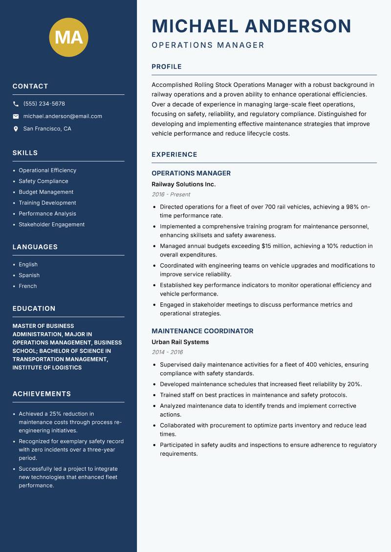 Rolling Stock Operations Manager Resume Preview Example