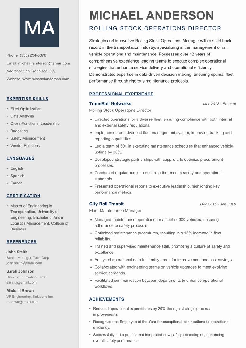 Rolling Stock Operations Manager Resume Preview Example