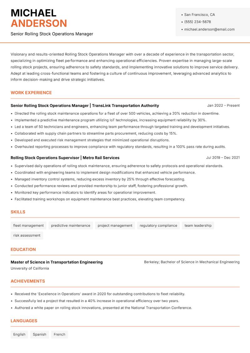 Rolling Stock Operations Manager Resume Template