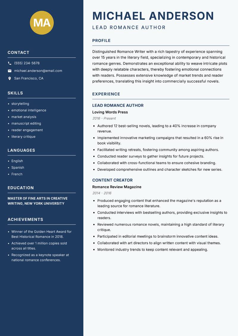 Romance Writer Resume Preview Example