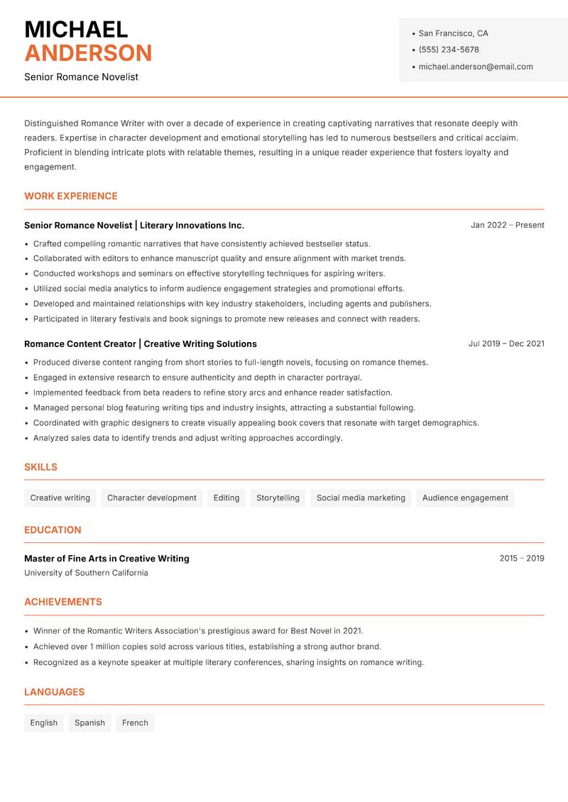 Romance Writer Resume Template